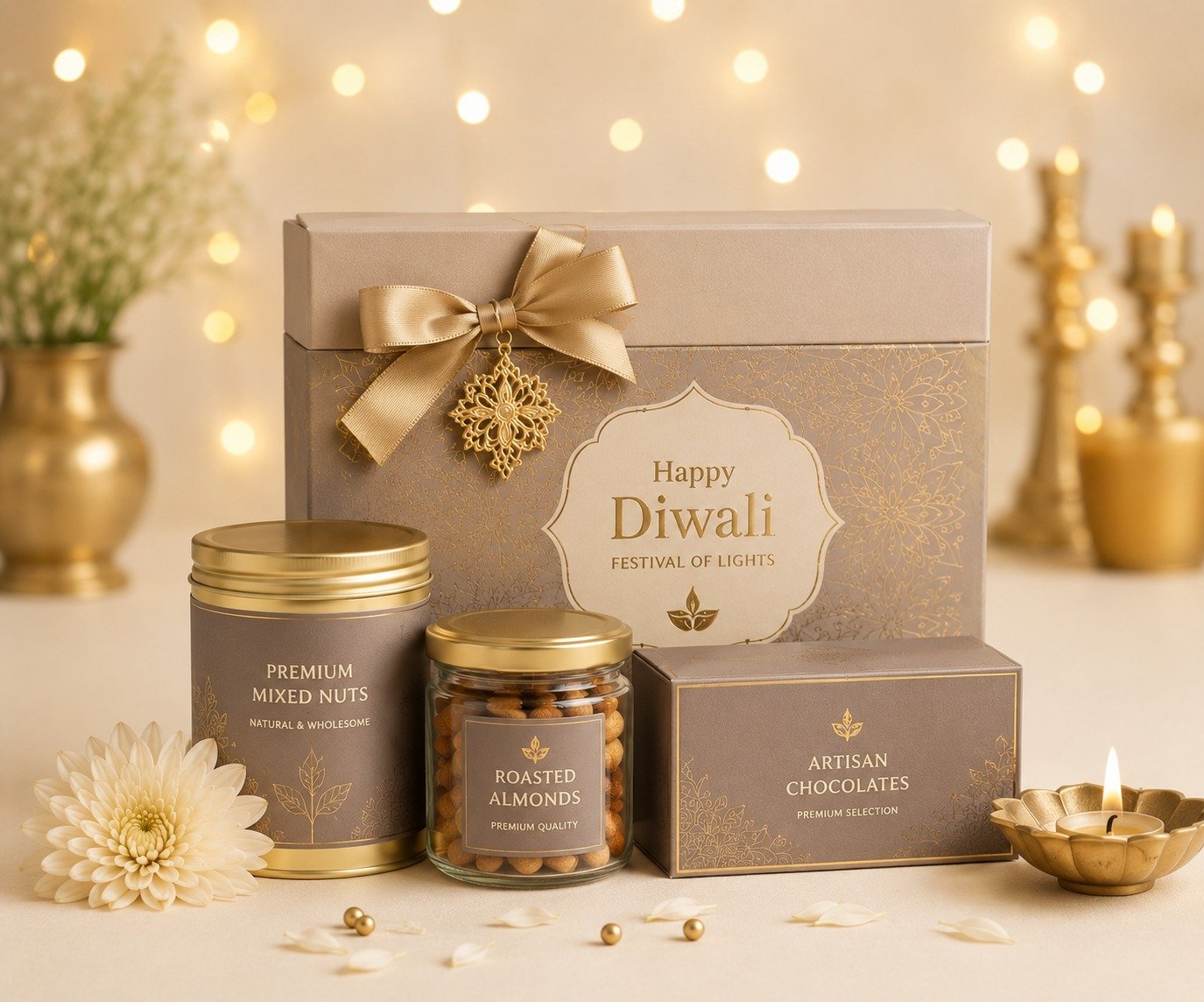 Festive gift sets with sweets and dry fruits
